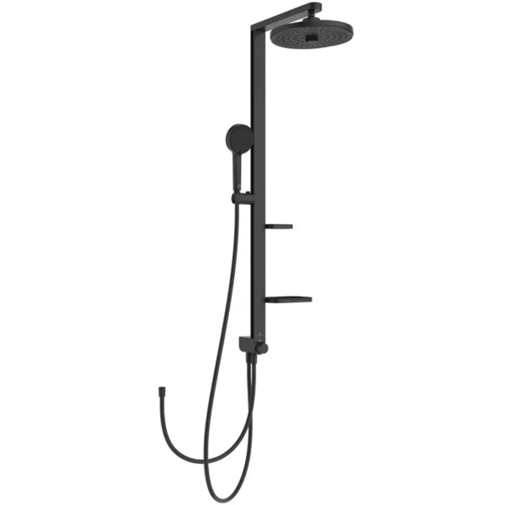 Duschsystem in Schwarz mit zwei Ablagen, Kopfbrause und Handbrause. Hersteller: Ideal Standard. Montageanleitung und Zubehör für die Installation sind nicht abgebildet.